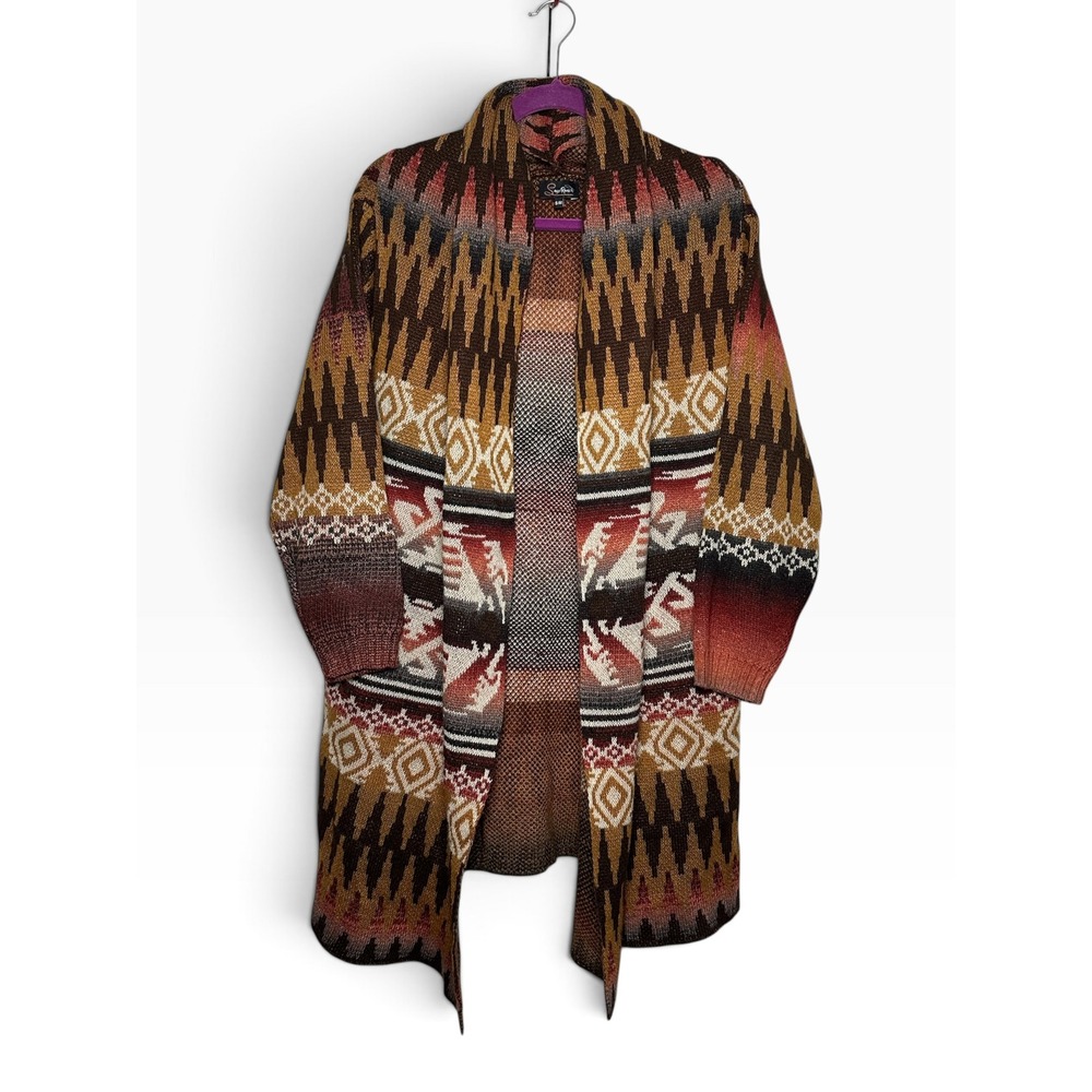 Sage Ranch Southwestern Aztec Open Front Cardigan Sweater Brown Rust S/M